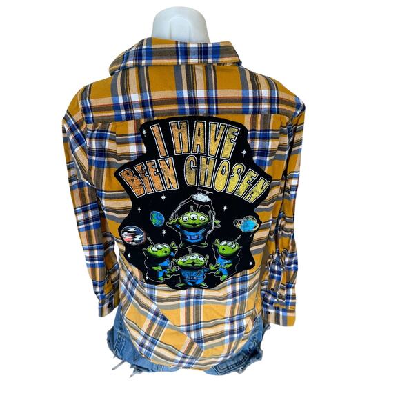 Toy Story Plaid Flannel Shirt Shacket SMALL Oversize Upcycle Unique Aliens Claw - Picture 1 of 6